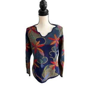 Grupo Esmeralda 100% Baby Alpaca Sweater Women’s Medium Floral Knit Blue Peru